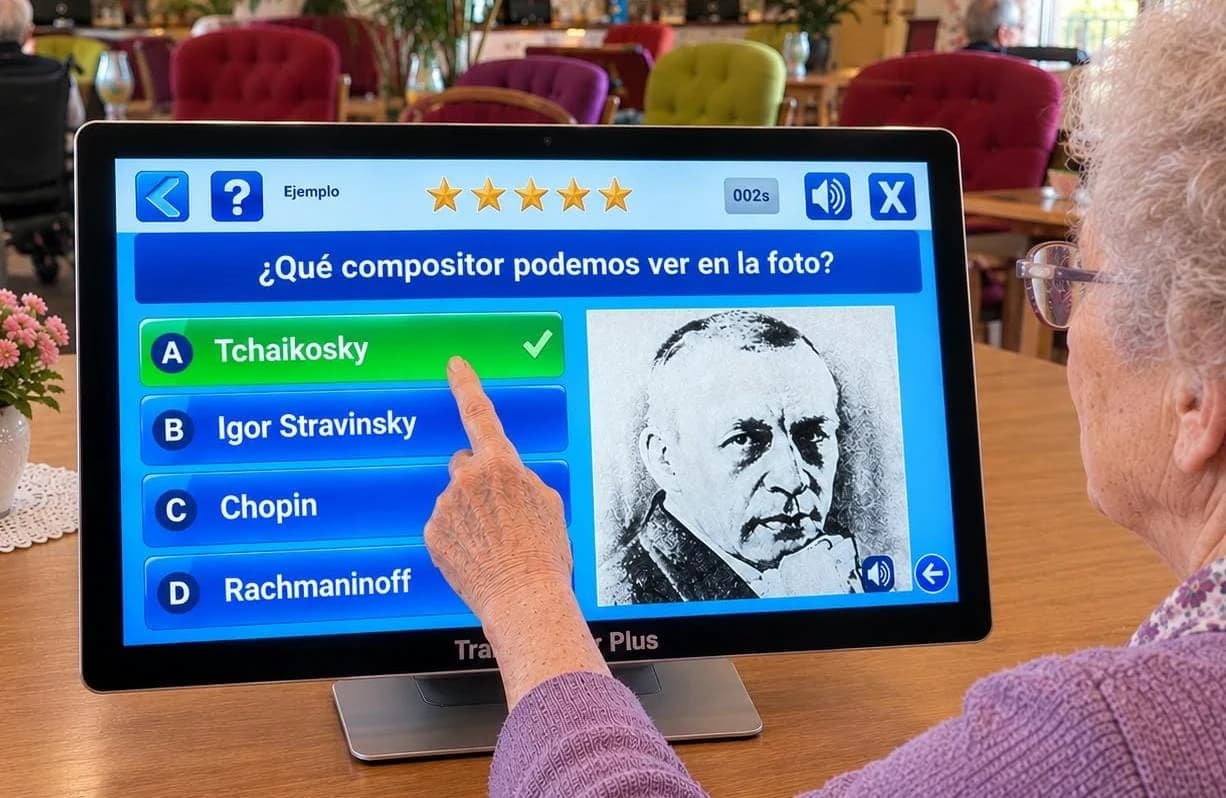 Mujer utilizando la pantalla táctil BrainTrainerPlus Easy One